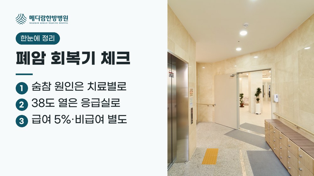 폐암 치료 뒤 회복기 요약: 숨찬 원인은 치료마다 다르고, 38도 이상 열은 바로 응급실, 비용은 급여 5%와 비급여를 나눠 확인한다는 정리 이미지