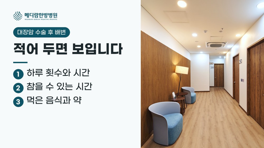 대장암 수술 후 배변 기록 요약: 하루 횟수와 시간, 참을 수 있는 시간, 먹은 음식과 약을 적어 둔다는 정리 이미지